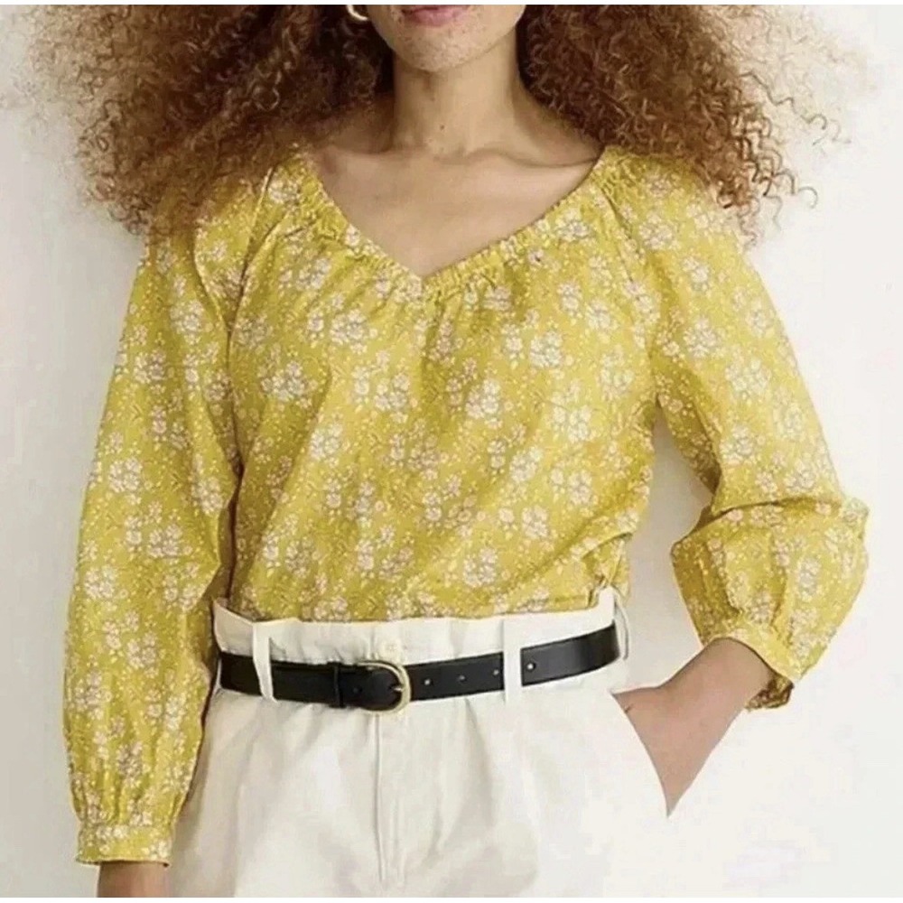 J. Crew V-neck Top Liberty Capel Floral Organic Cotton Open Back Yellow Sz Large